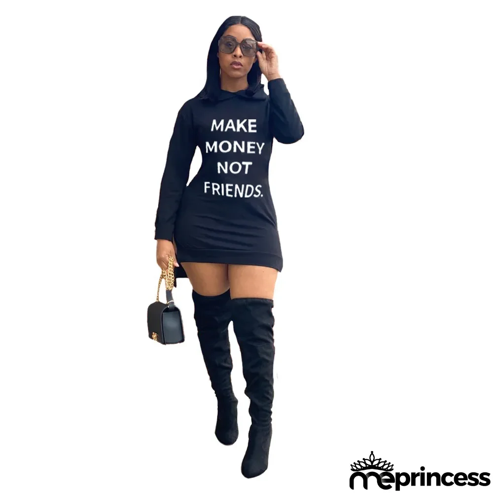 Women Fashion Sexy Print Letter Casual Solid Color Hooded Dress