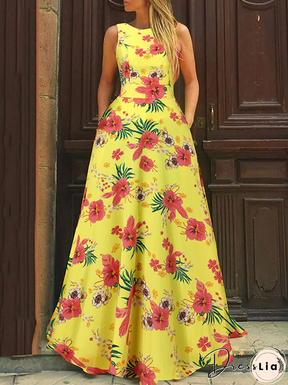 Flower Print A-line Pocket Sleeveless Swing Maxi Dress