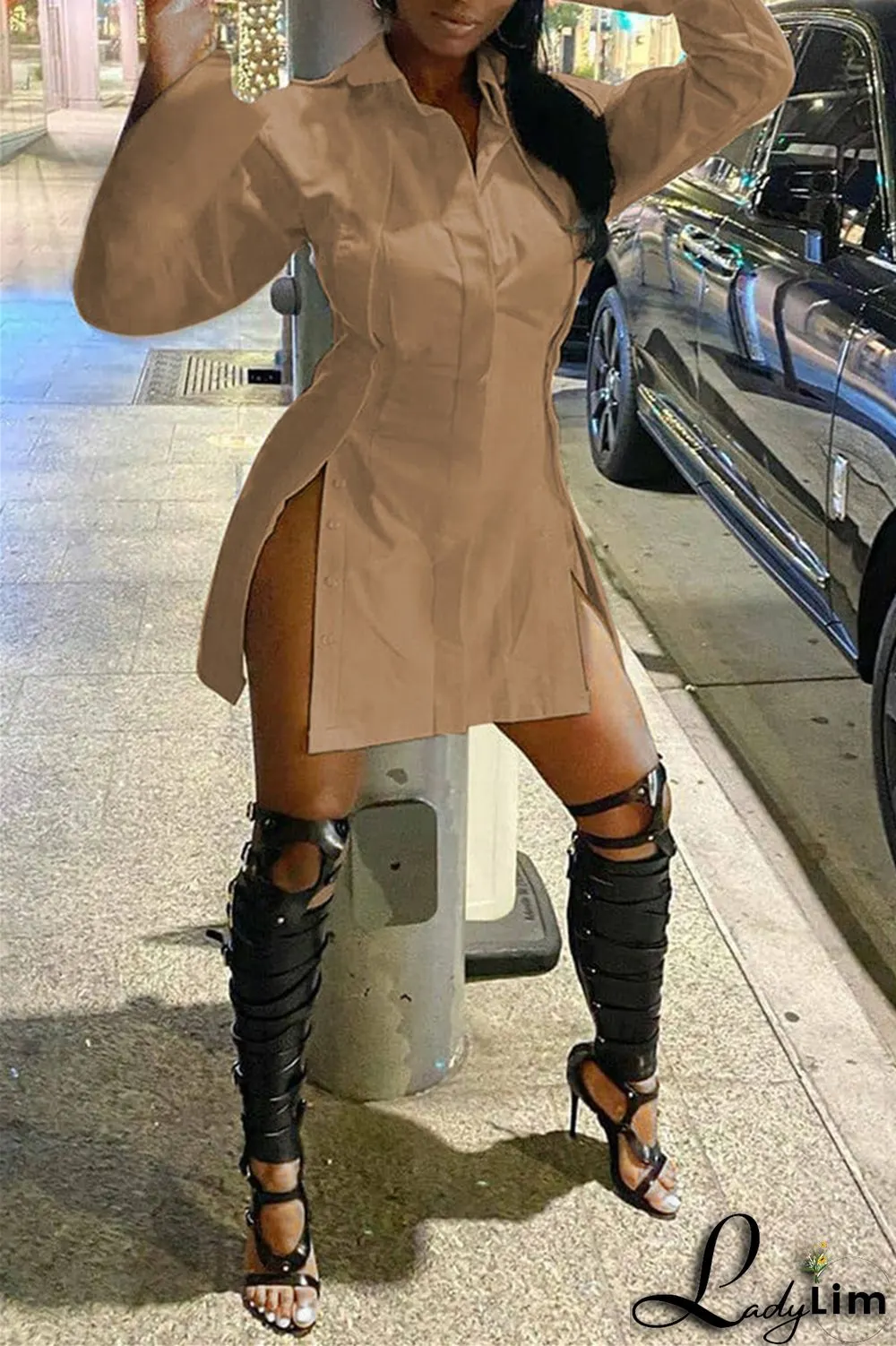 Black Fashion Casual Solid Slit Turndown Collar Shirt Dress Dresses