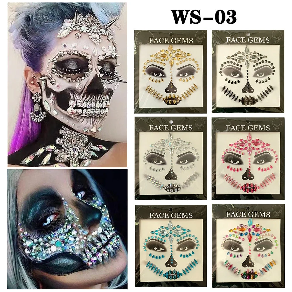 3D Gem Face Sticker Ghost Skull Face with Diamond Decoration Fashion Sexy Face Stickers Prom Holiday Party Face Decoration