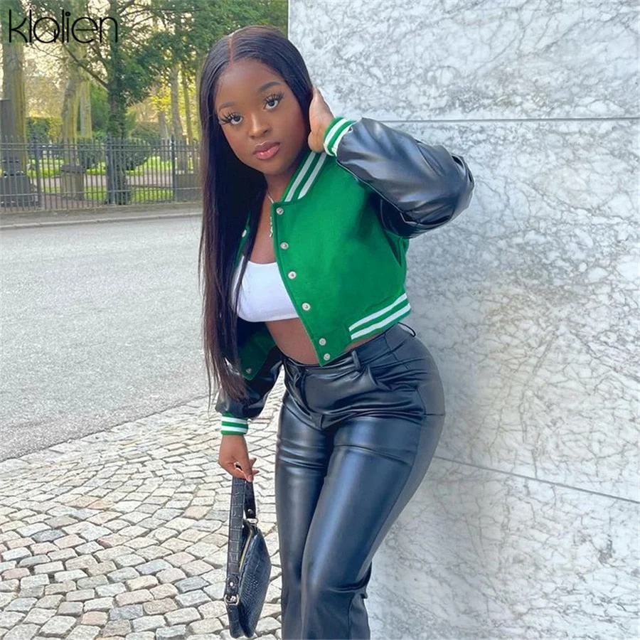 KLALIEN Fashion Casual Streetwear Women Long Sleeve Single Breasted PU Leather Patchwork Coat Sportswear Slim Female Outerwear