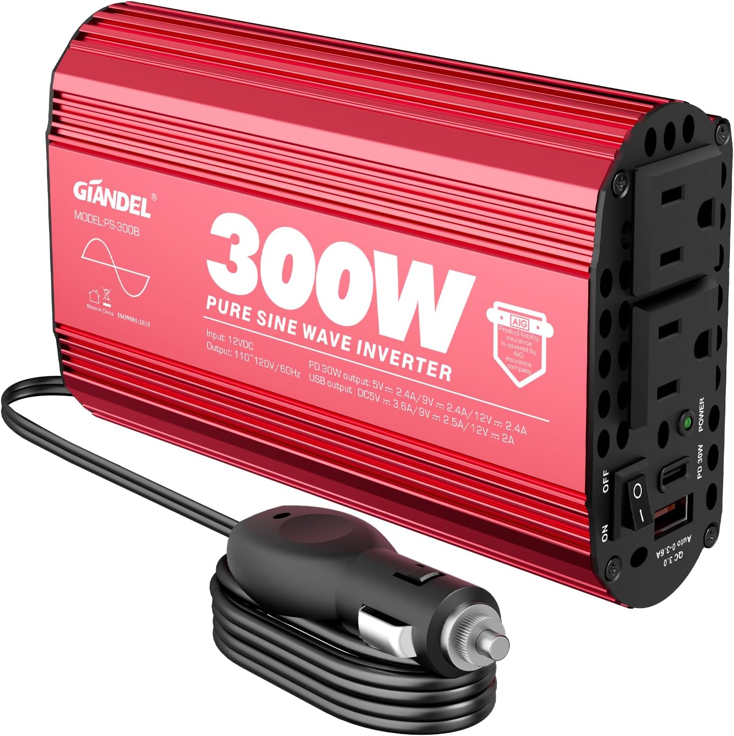  300W Pure Sine Wave Car Power Inverter 12V DC to 110V 120V AC