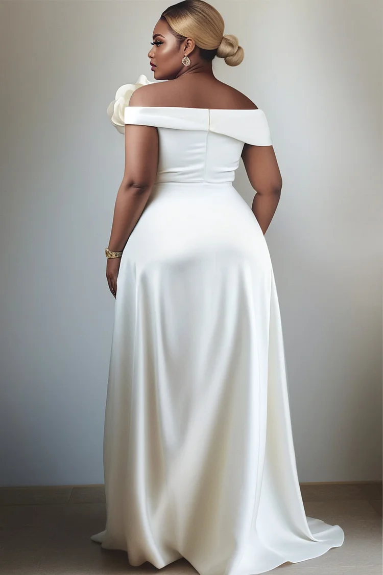 Xpluswear Design Plus Size Wedding White Elegant Asymmetrical Collar 3D Pocket Maxi Dresses