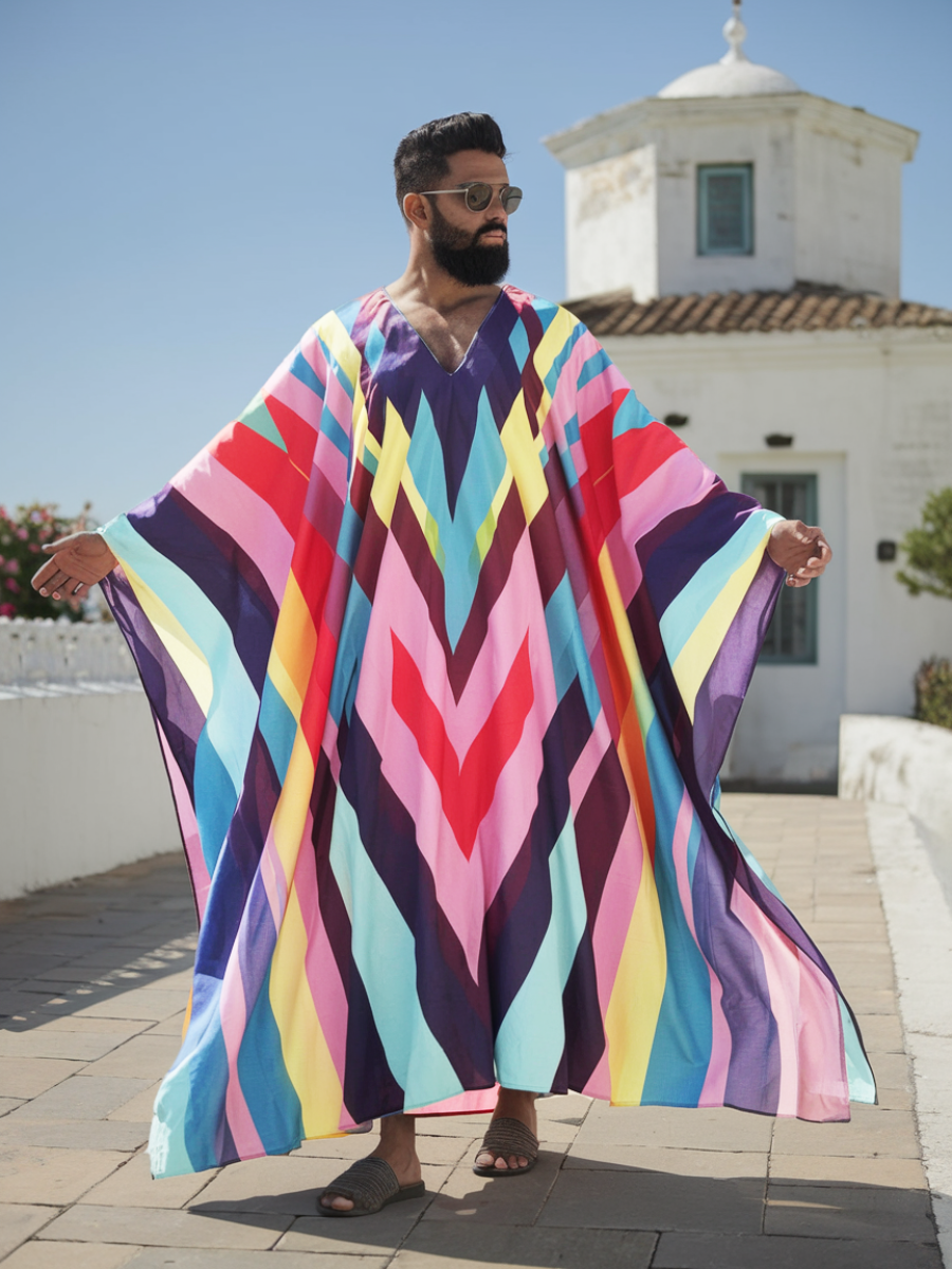 Men's Colorful Geometric Polyester V Neck Robe