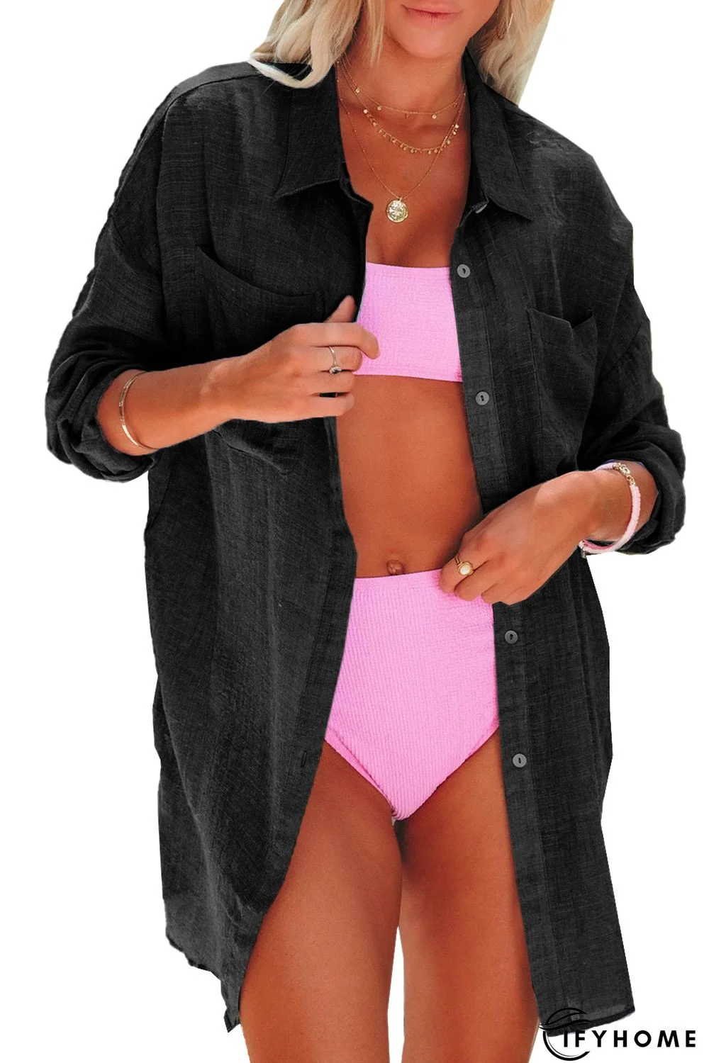 Black Lightweight Shirt Style Beach Cover Up | IFYHOME