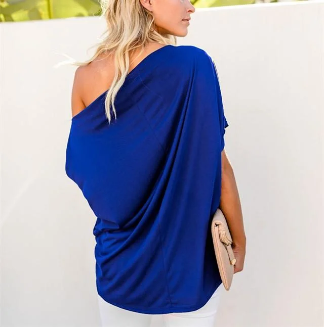 Sexy Pure Color Slanted Shoulder Baggy Blouse T-Shirt