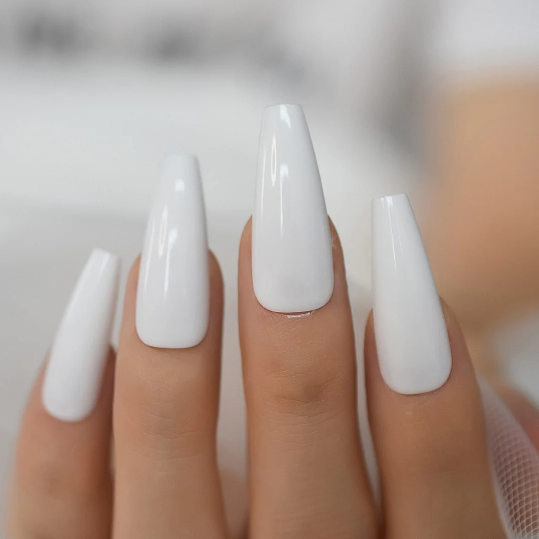White Fake Nails Press On Acrylic Tips Gel Solid Color Long Coffin Ballerina False Nail Set For Nails Salon DIY Home-Nail Inspo