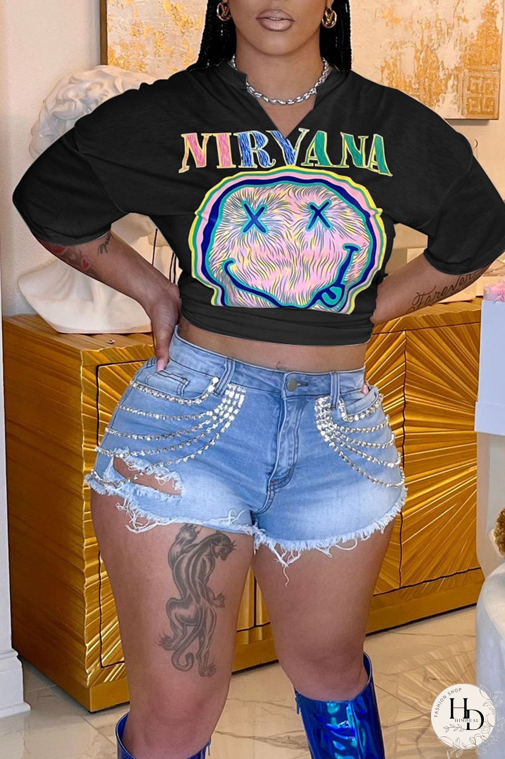 Black Casual Street Print Patchwork V Neck T-Shirts