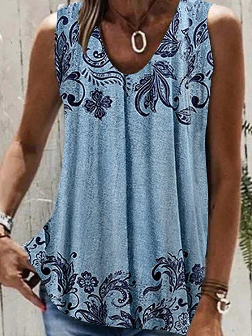Women's Blue V-neck Sleeveless Graphic Top