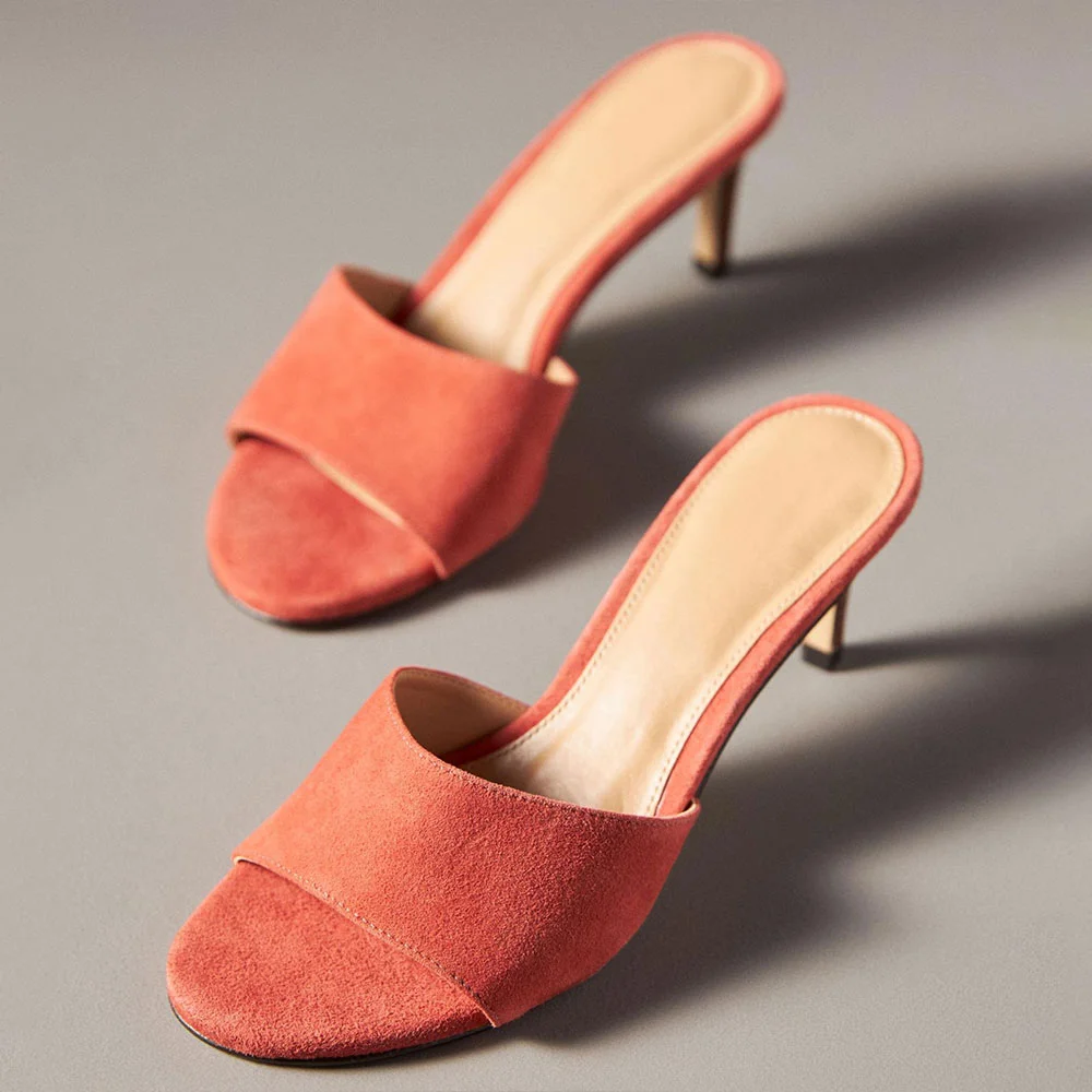 YDN Coral Pink Vegan Suede Open-Toe Kitten Heel Slide Sandals
