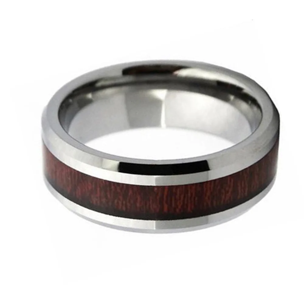 Wood Grain Inlaid Tungsten Steel Ring 8MM Width Polished Finished For Men