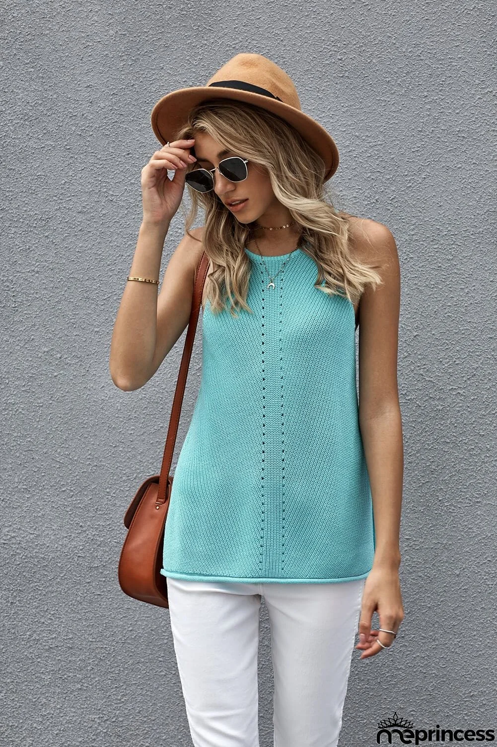 Summer Sky Blue Keyhole Knit Tank Top