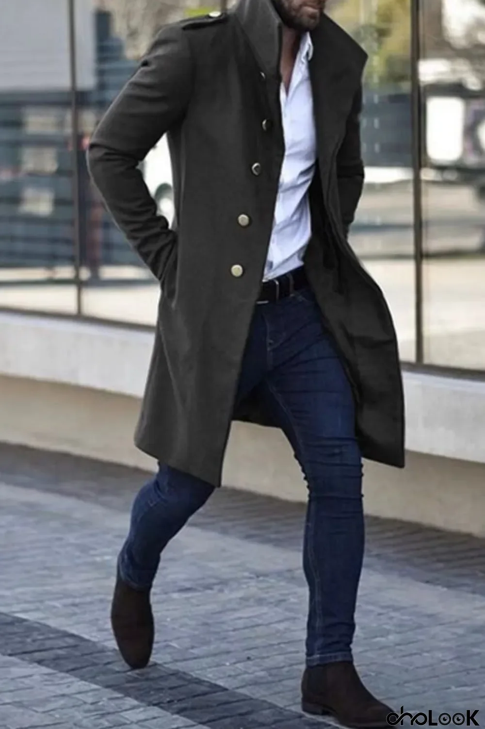 Black Casual Solid Pocket Buckle Mandarin Collar Outerwear