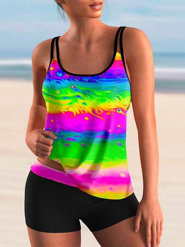 Plus Size Swimwear Sleeveless Colorblock Graphic Printed Tankini