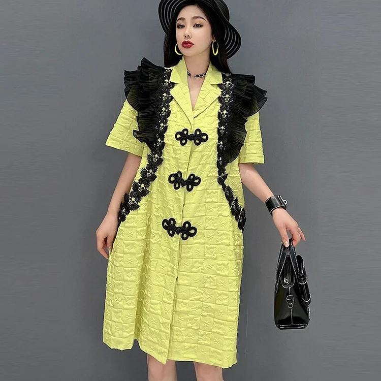 Elegant Chinese Style Lapel Ruffle Lace Single Breasted Patchwork Bow Dress      