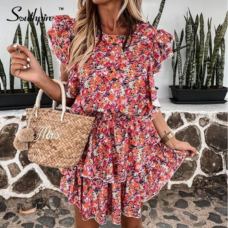 Back To College Southpire Elegant Summer Dress Women Ruffle Red Mini Floral Sundress Bohemian Boho Daily Beach Party Vestidos Ladies Clothing