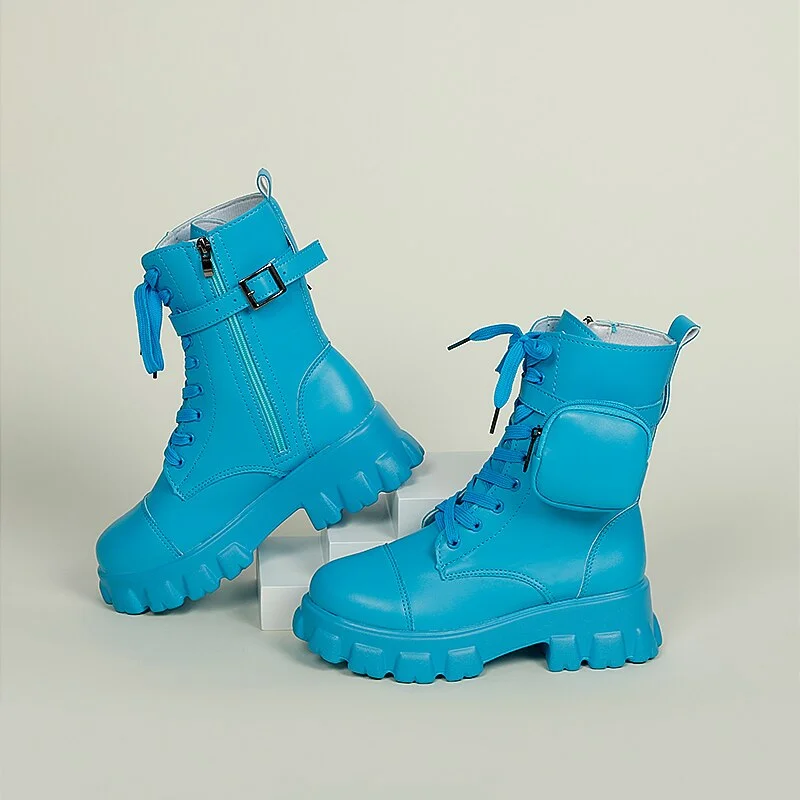 Qengg Women's Combat Boots Pocket Lace Up Women Ankle Boots 2021 Autumn Fashion Female Chunky Heels Platform Ladies Shoes Woman Boots