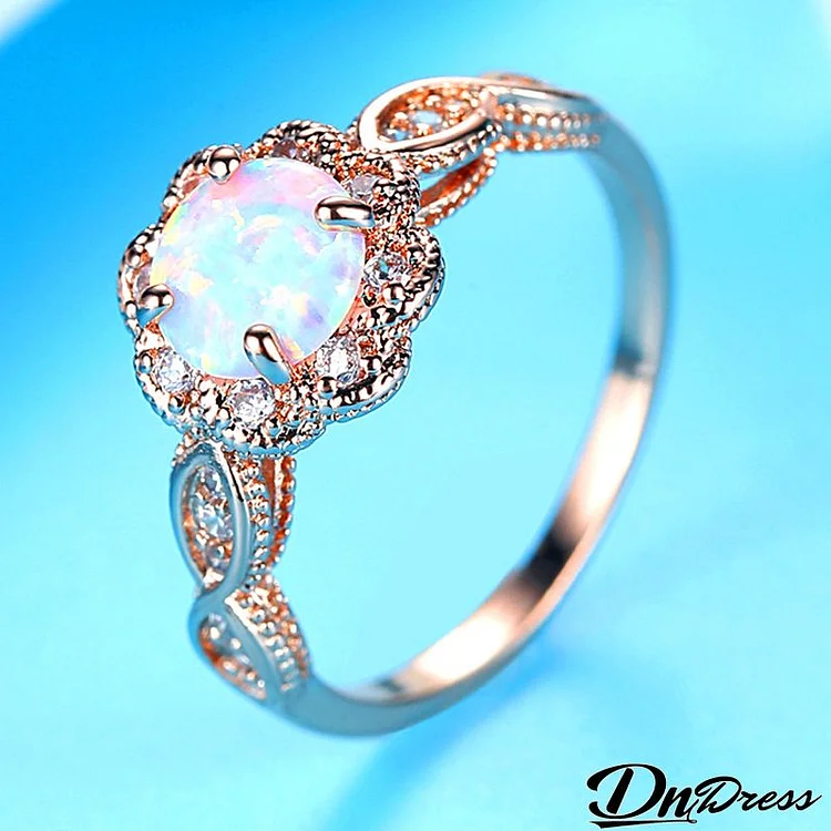 Women Fashion Resin Opal Rhinestone Flower Rose Gold Hollow Ring