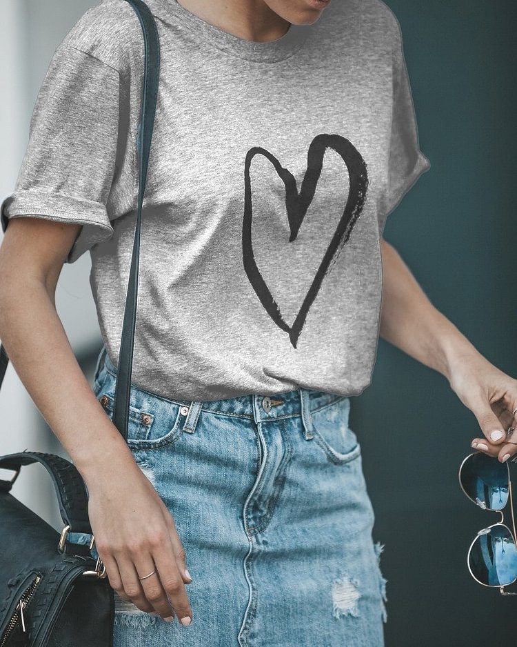 printed love round neck short sleeve loose t shirt tops p127774