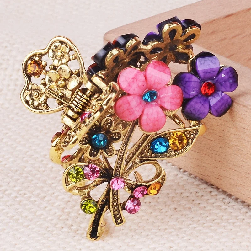 Vivid Flower Hair Claws for Women Vintage Hair Jewelry Charm Big Rhinestone Crystal Crab Clip Wedding Hair Accessories Hairpin