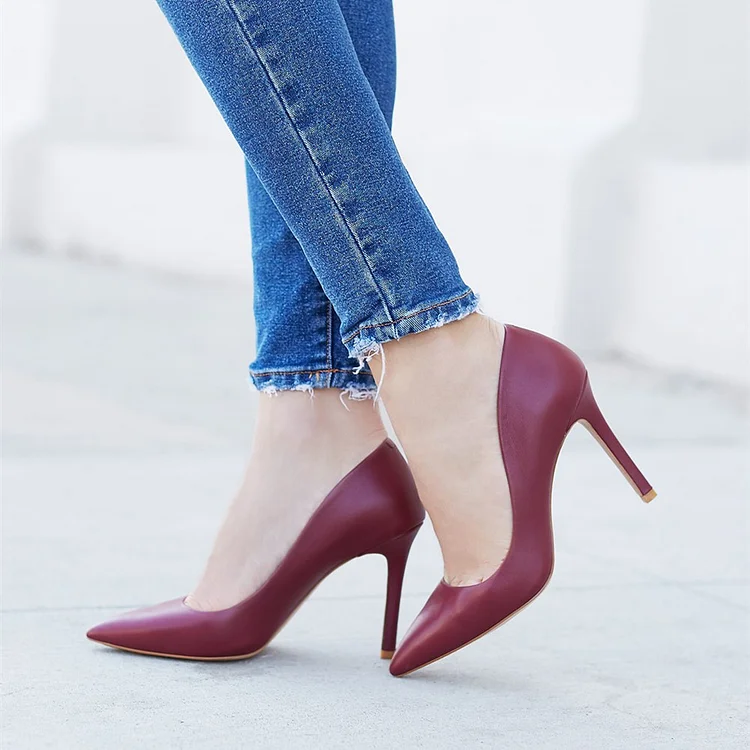 Burgundy Pointy Toe Stiletto Heel Pumps - 3 Inches Office Shoes Vdcoo