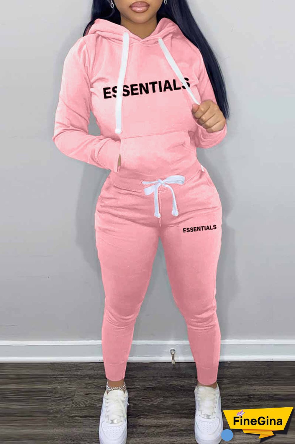 Pink Elegant Print Letter Hooded Collar Long Sleeve Two Pieces