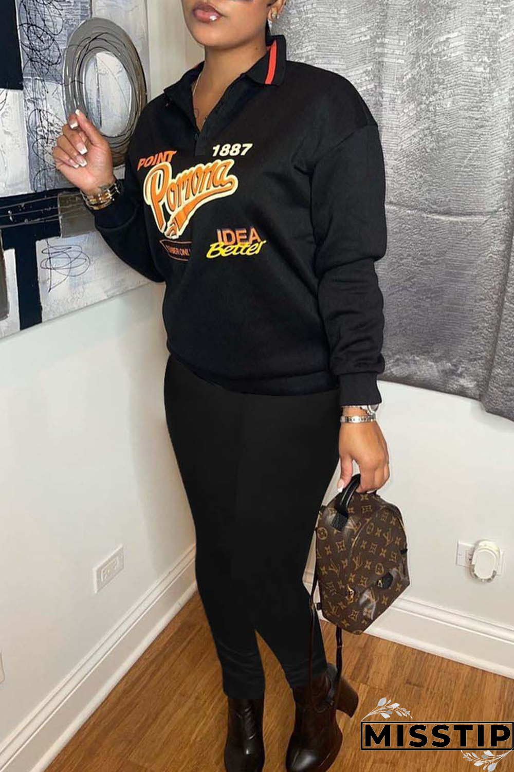 Black Casual Print Patchwork Turndown Collar Long Sleeve Two Pieces