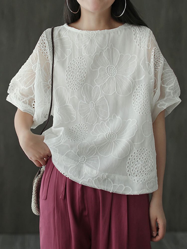 Solid Color O neck Loose Half Sleeve Flower Embroidery Vintage Blouse P1857557