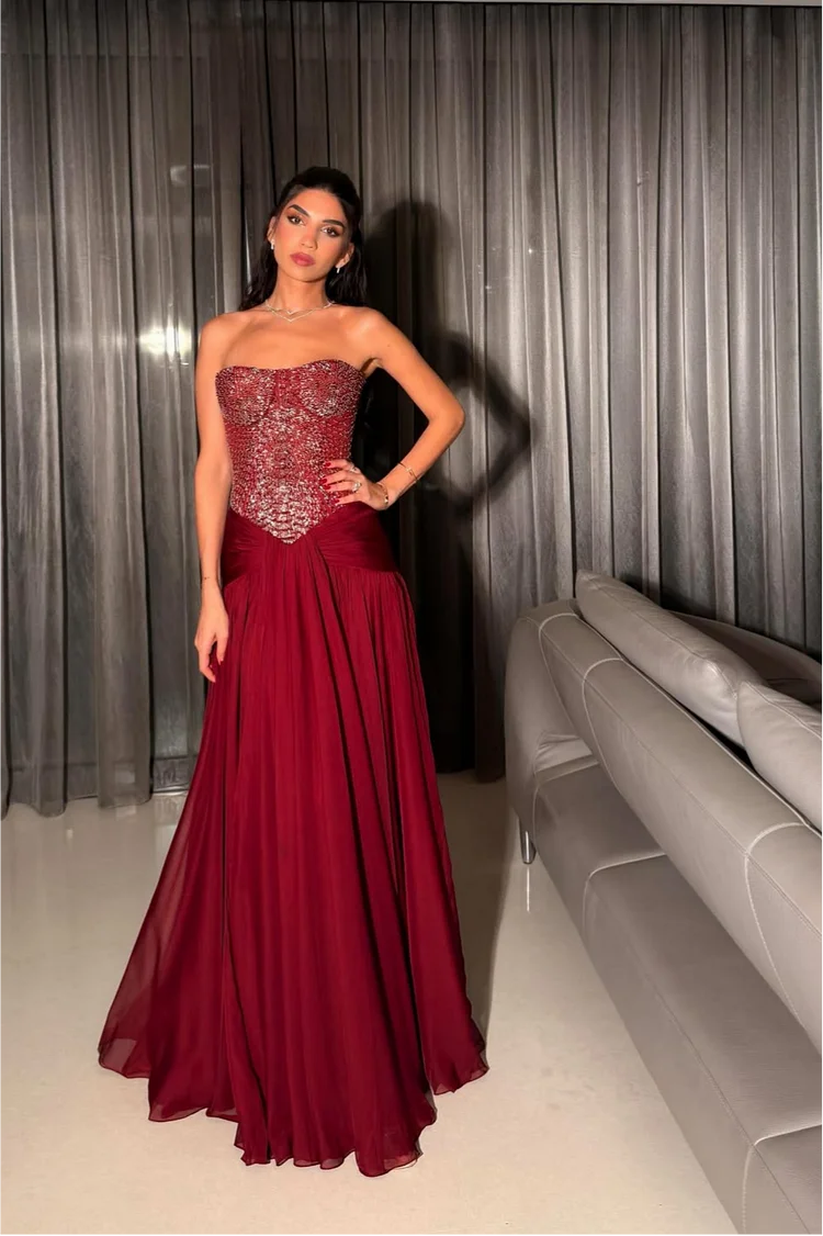 Charming Red Chiffon Sleeveless Strapless Tea Length Prom Dress with Sequins