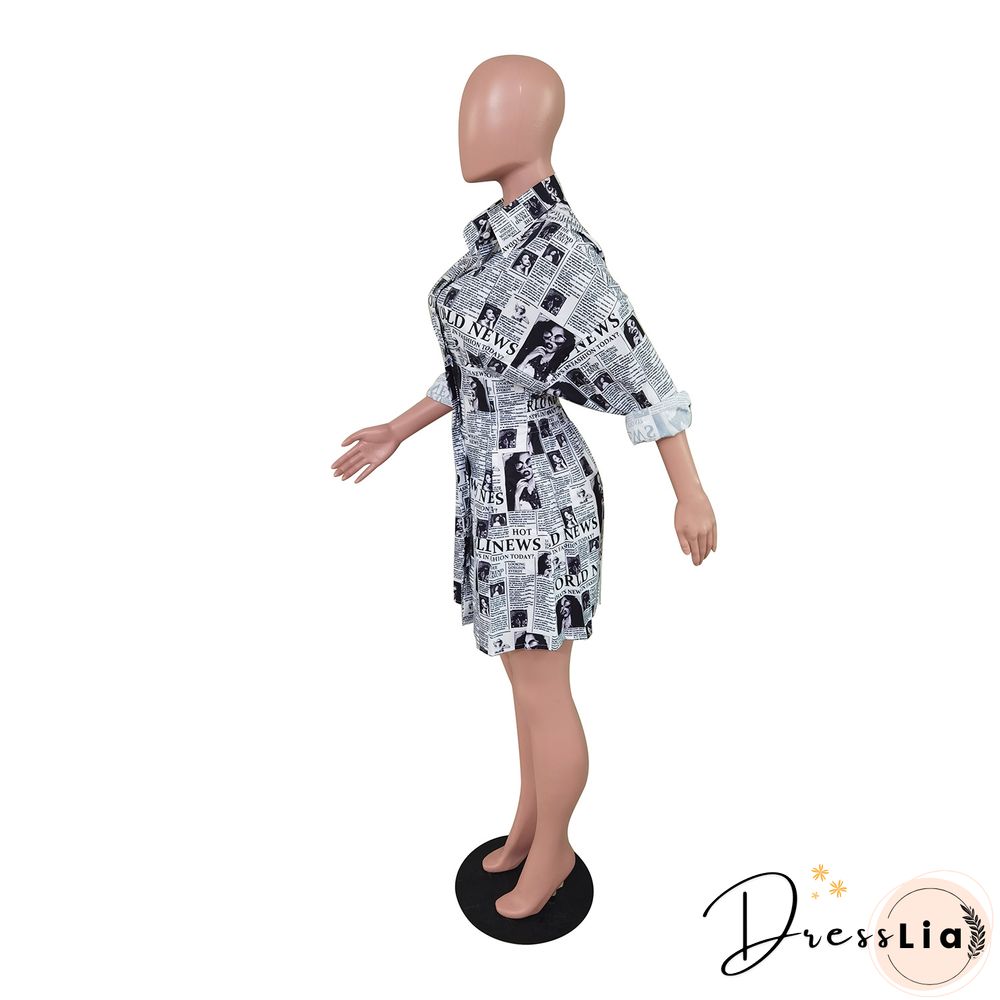 Fashion Newspaper Print Long Sleeve Women Turn Down Collar Button Up Streetwear Shirt Midi Dress