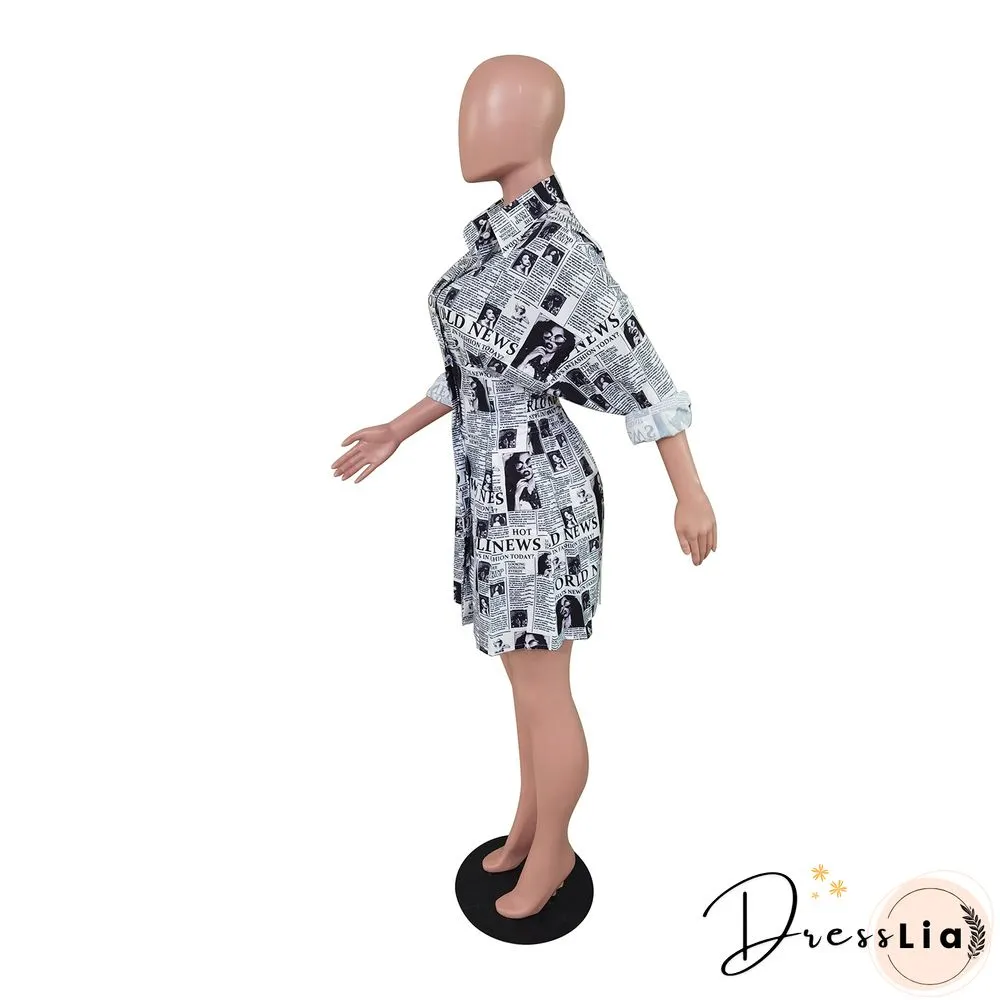 Fashion Newspaper Print Long Sleeve Women Turn Down Collar Button Up Streetwear Shirt Midi Dress