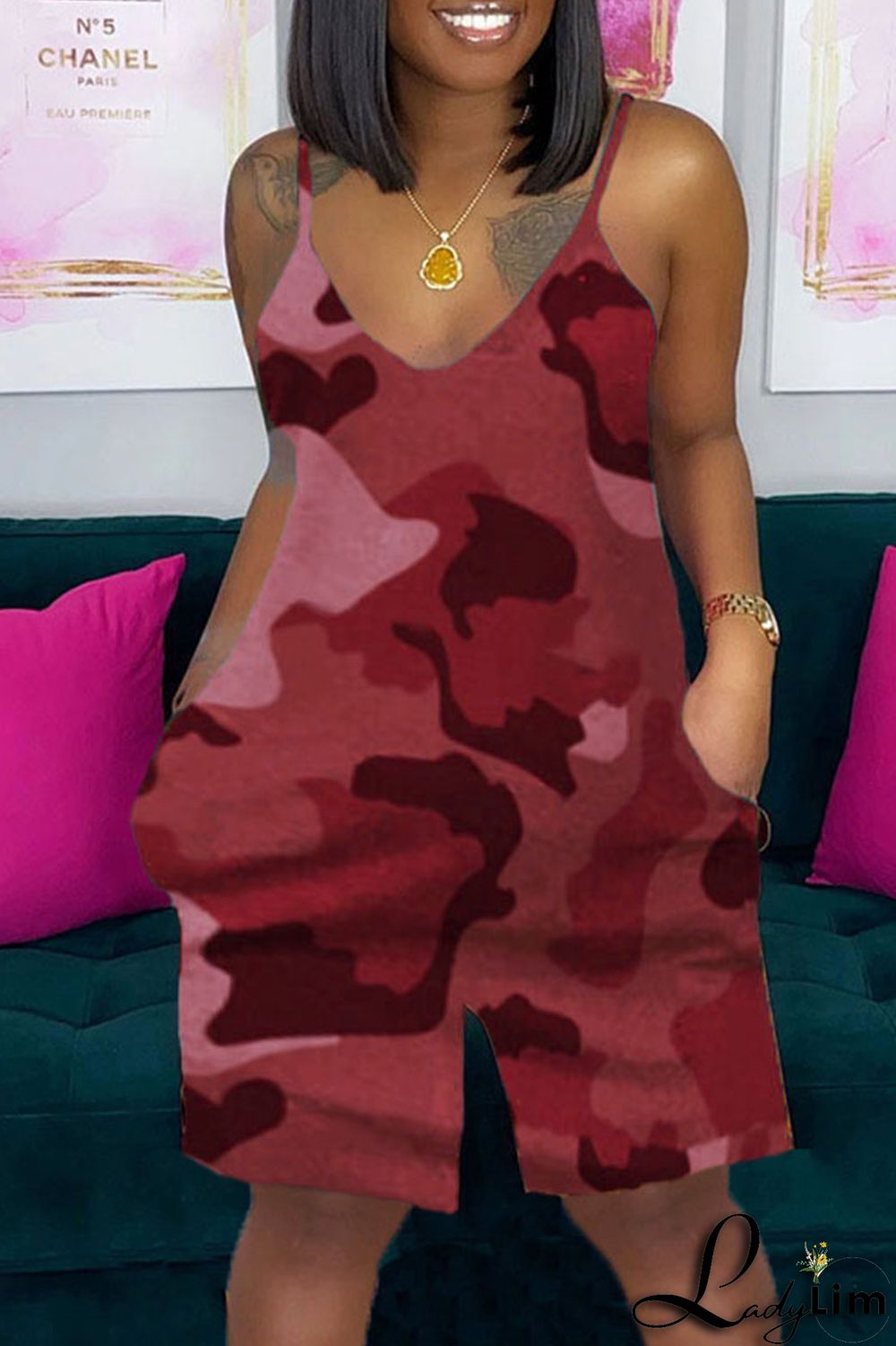 Dark Red Fashion Casual Print Basic V Neck Regular Jumpsuits