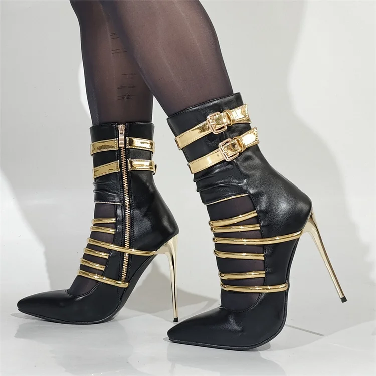 Black Stiletto Ankle Boots with Gold Buckle Straps Vdcoo