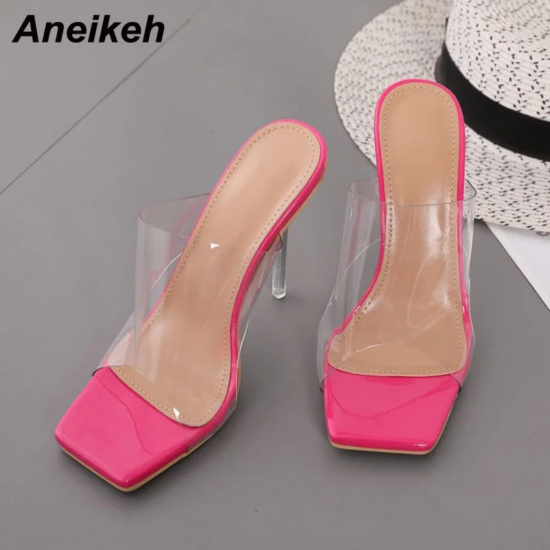 Aneikeh 2021 New Women's Shoes Summer PVC Transparent High Heel Slippers Fashion Slides Party Shallow Square Toe Solid Concise