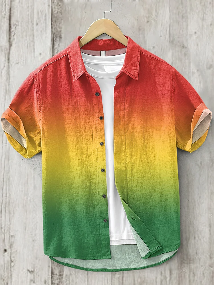 Men's Reggae Pattern Art Short Sleeve Linen Blend Shirt