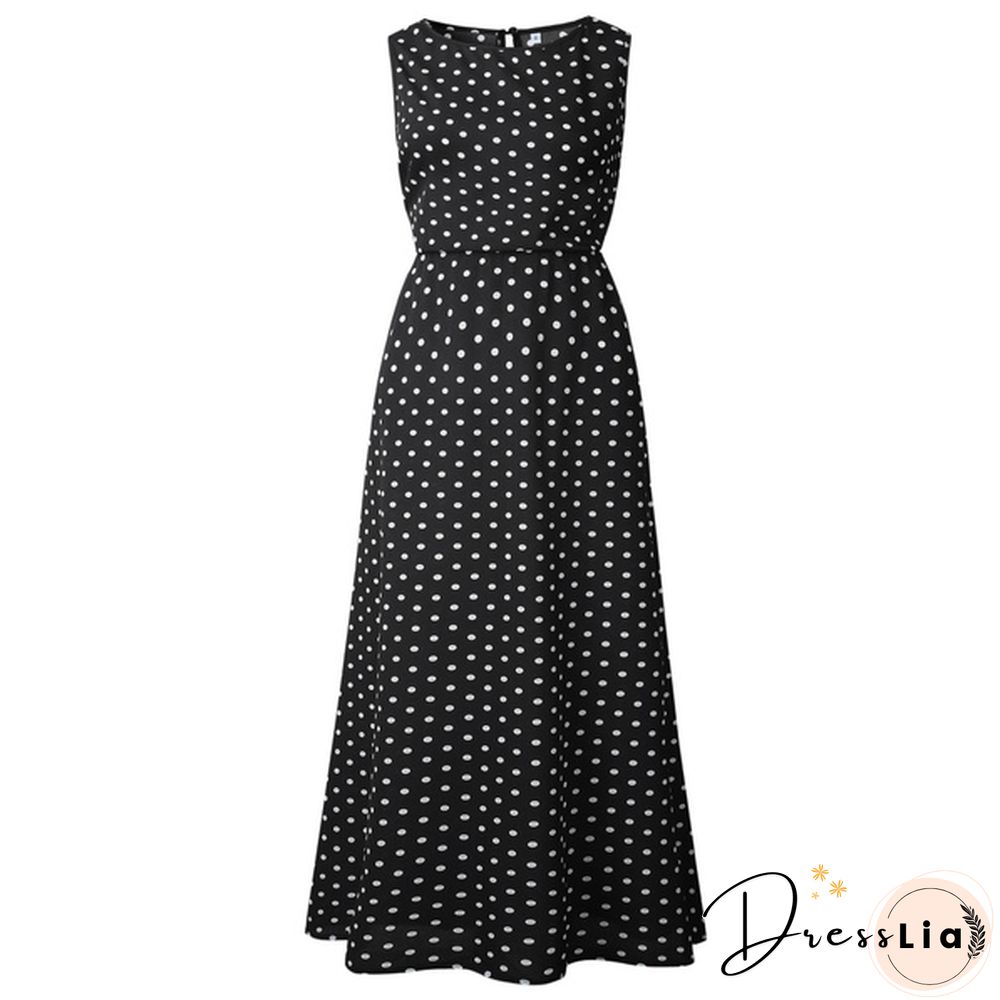 Holiday Summer Women Boho Sleeveless Maxi Polka Dot Dress Casual Beach Long Dress