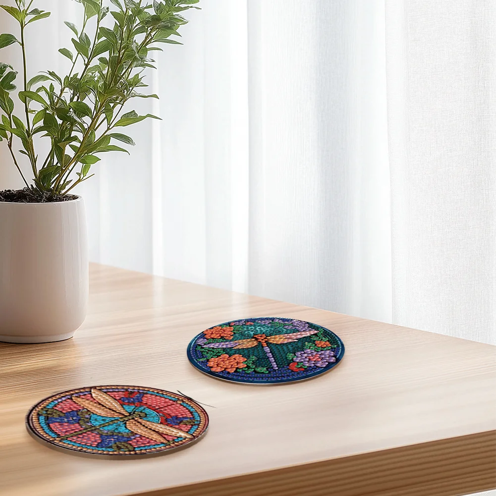 8pcs Dragonfly DIY Diamond Painting Coasters Kits with Holder Wooden Coaster