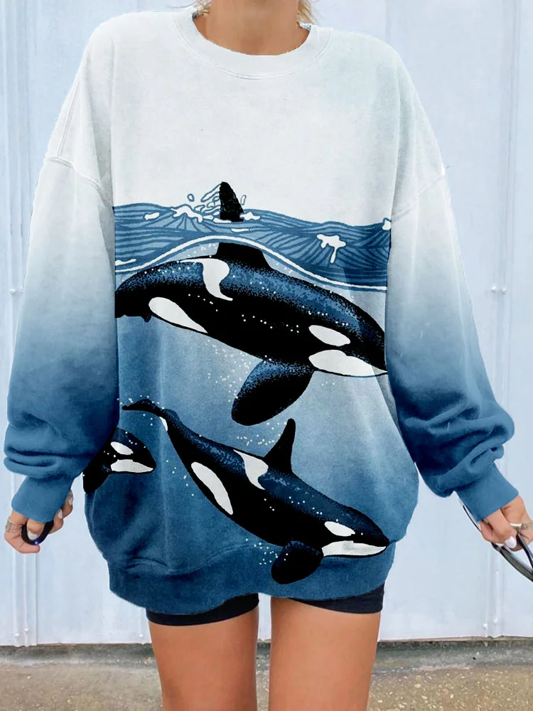 Whales & Waves Art Gradient Loose Fit Comfy Sweatshirt