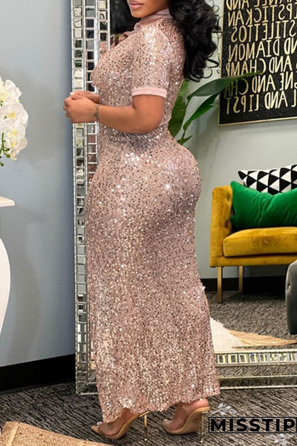 Champagne Sexy Patchwork Sequins Slit Turndown Collar Short Sleeve Dress Dresses