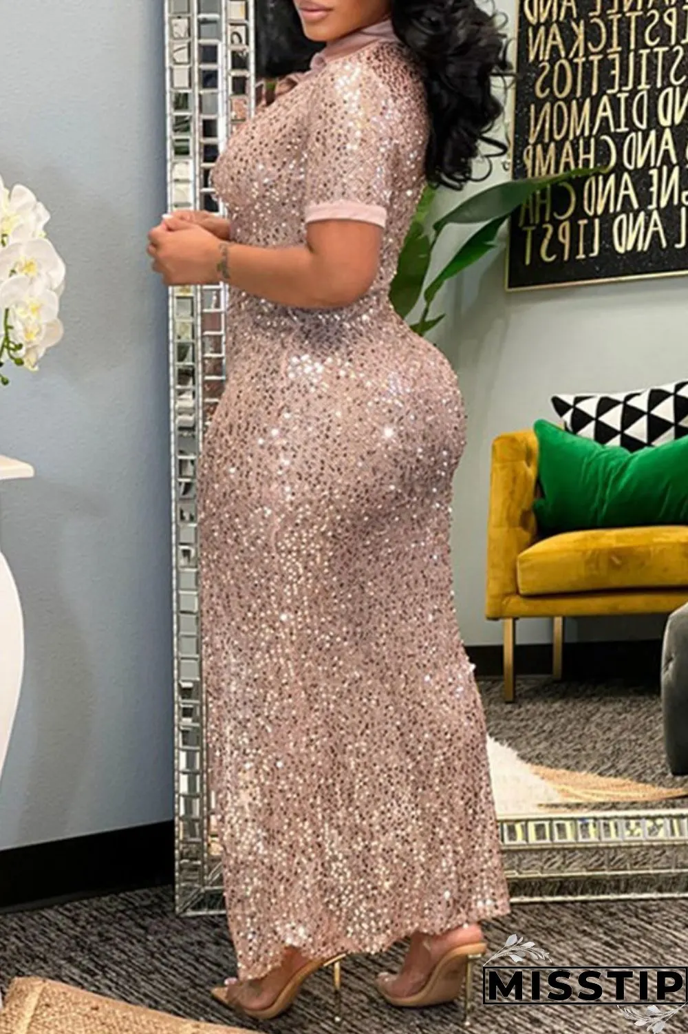 Champagne Sexy Patchwork Sequins Slit Turndown Collar Short Sleeve Dress Dresses