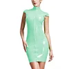 High Neck Wetlook Bodycon Mini Dress Women Short Sleeve Turtleneck Slim PVC Dress Ladies Full Zipper Dress Plus Size Clubwear