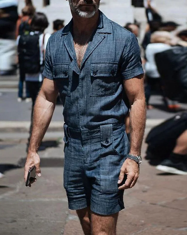 Men's Casual and Comfortable Solid Color Cotton and Linen Jumpsuit