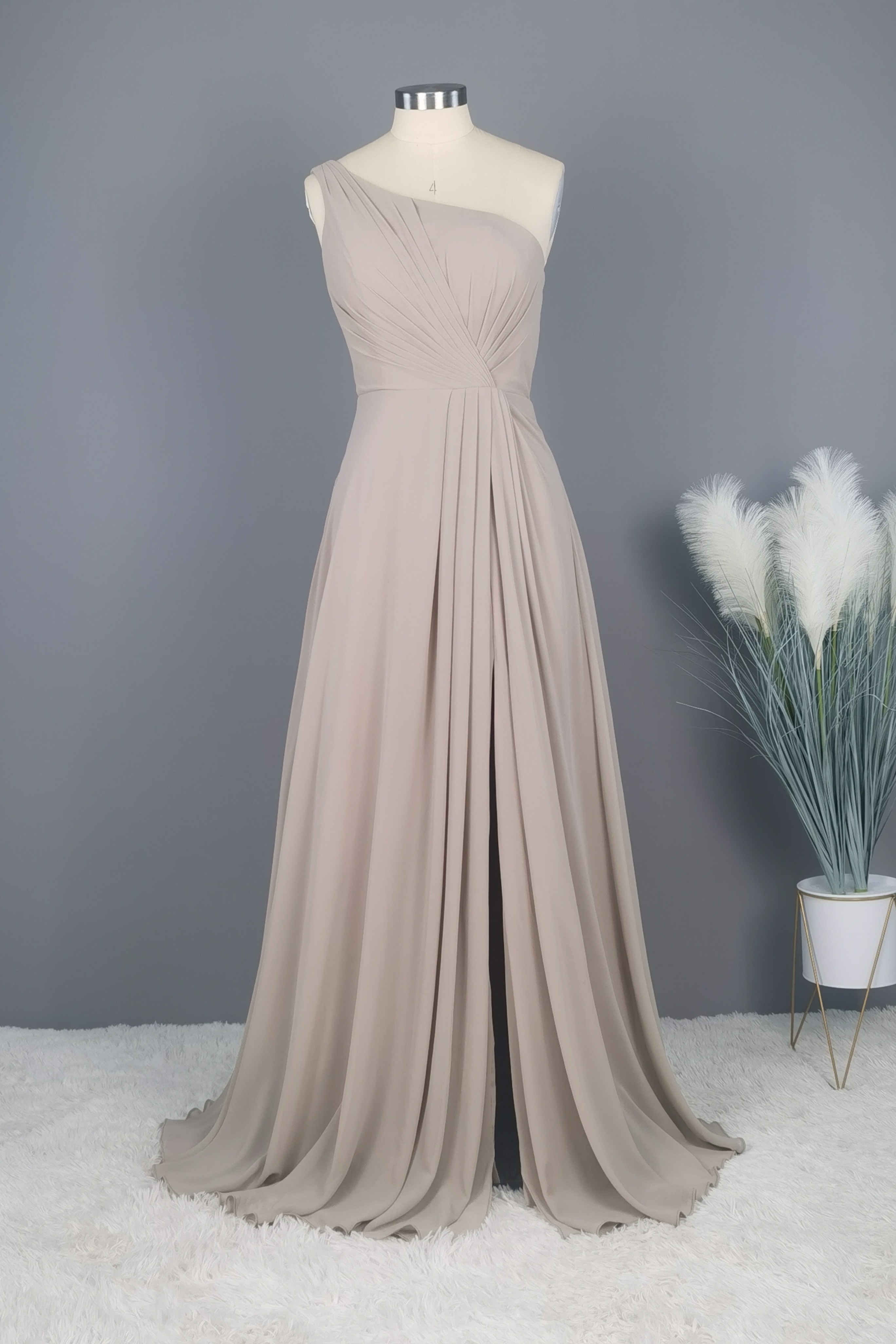  Asymmetric Bridesmaid Dress Long Grey Chiffon Sleeveless Lace Up OK010