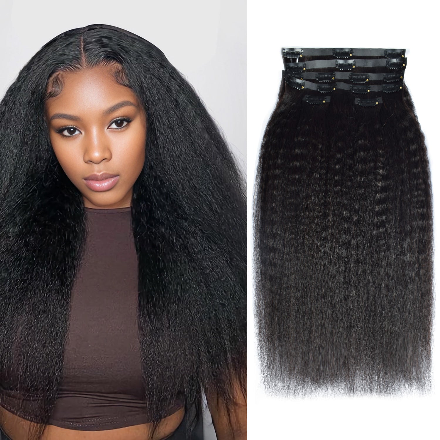 #1B Kinky Straight | Clip in Hair | 6Pcs 100g | PU Seamless Clip ins | Extensions Real Human Hair | boruihair