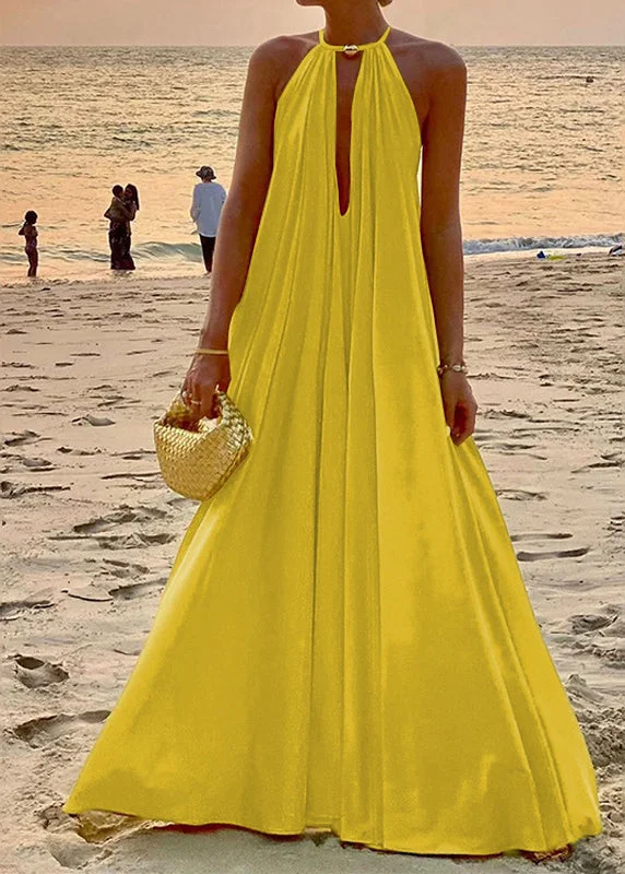 French Yellow Halter Wrinkled Silk Long Dresses Sleeveless