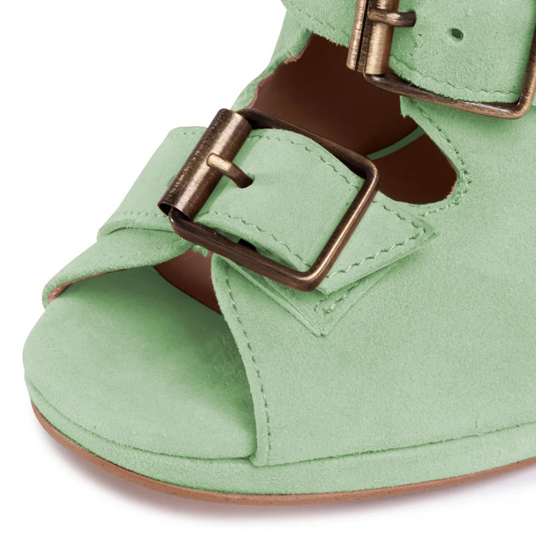 Faux Suede Platform Buckle Strap Heel Green Gladiator Sandals