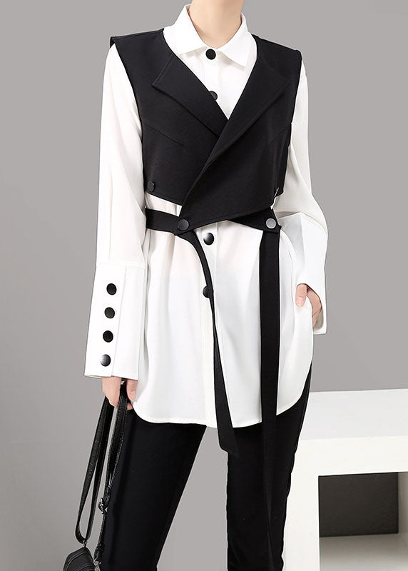 VCSHOES Loose Black Peter Pan Collar button shirt vest Two Piece Suit Set Spring