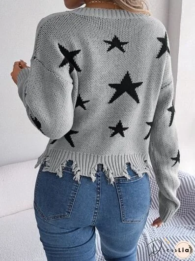 Star Pattern Distressed V-Neck Cropped Sweater