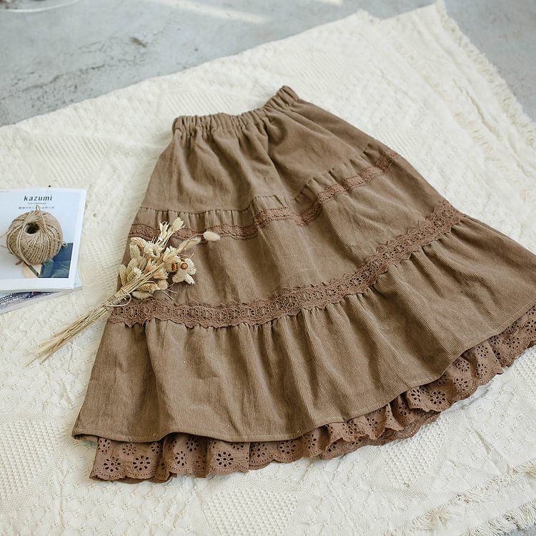 Queenfunky cottagecore style Corduroy Skirt With Lace Hem QueenFunky