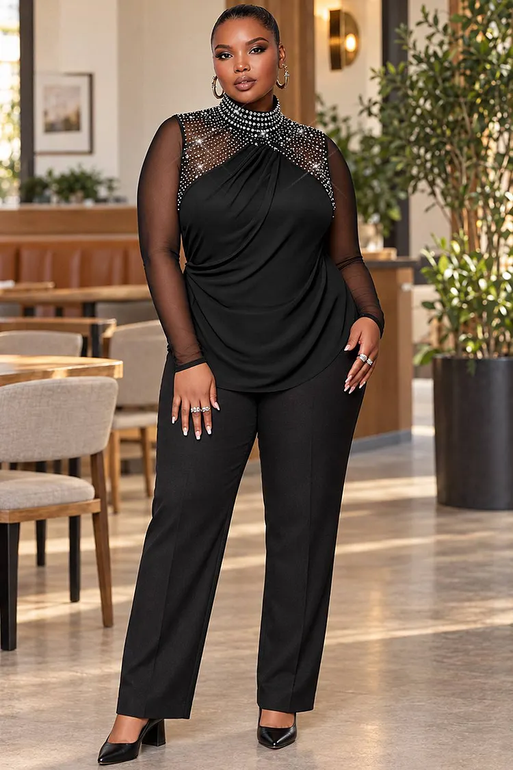Xpluswear Design Plus Size Party Black Mock Neck Long Sleeve